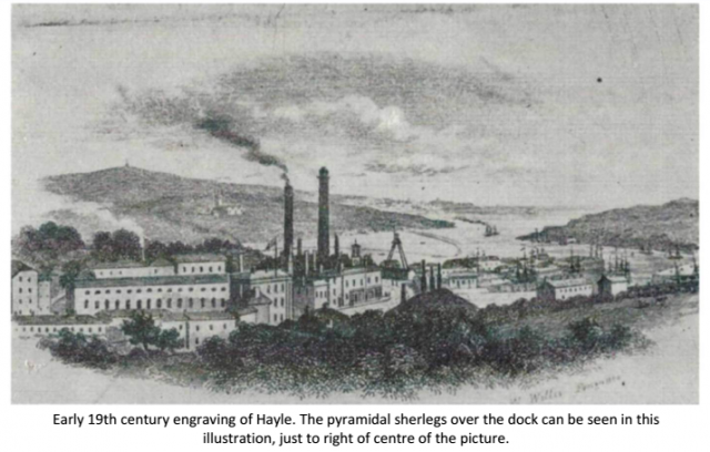 Early 19th century engraving of Hayle. The pyramidal sherlegs over the dock can be seen in this illustration, just to right of centre of the picture